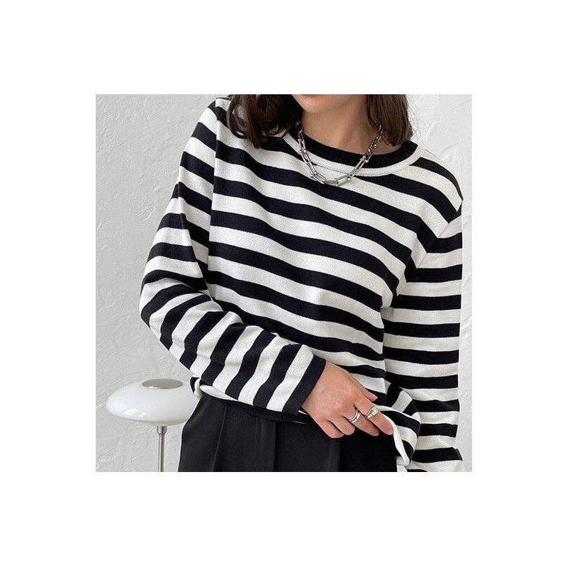 UZ Wholesale Store - Wholesale Knit Sweater - Women's - Striped Knit Sweater with Round Neck and Contrast Color0