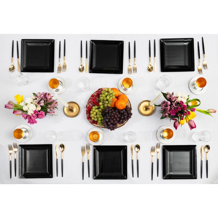 Crown Display - Wholesale Disposable Plate - Square| Black Zen Design Plastic Plates Disposable| 9 In2