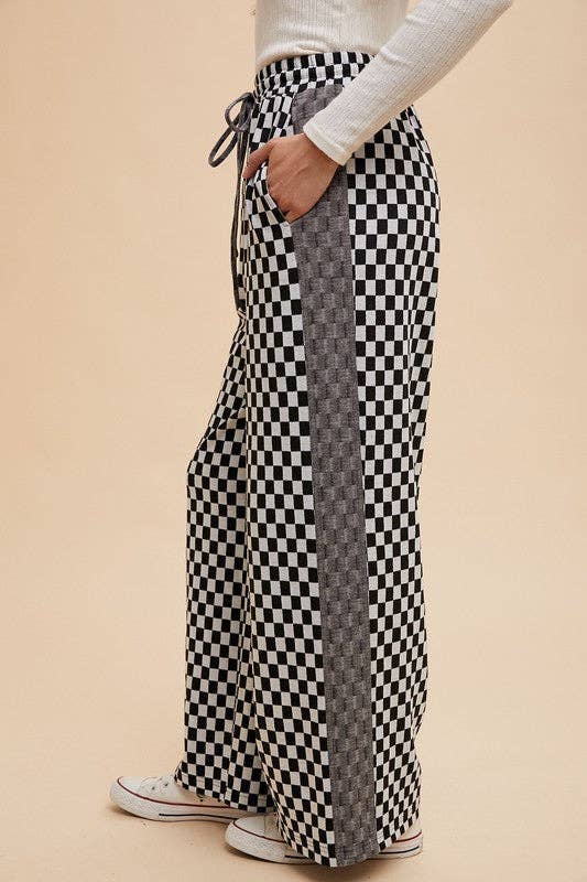 Black Annie Wear Drawstring Checkered Wide Leg Pants for wholesale on Faire2