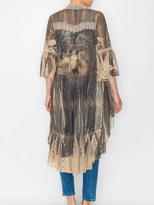 RODEO Ethereal Lace Tiered High-Low Kimono Cardigan - 4508 TAUPE/RODEO for wholesale on Faire0