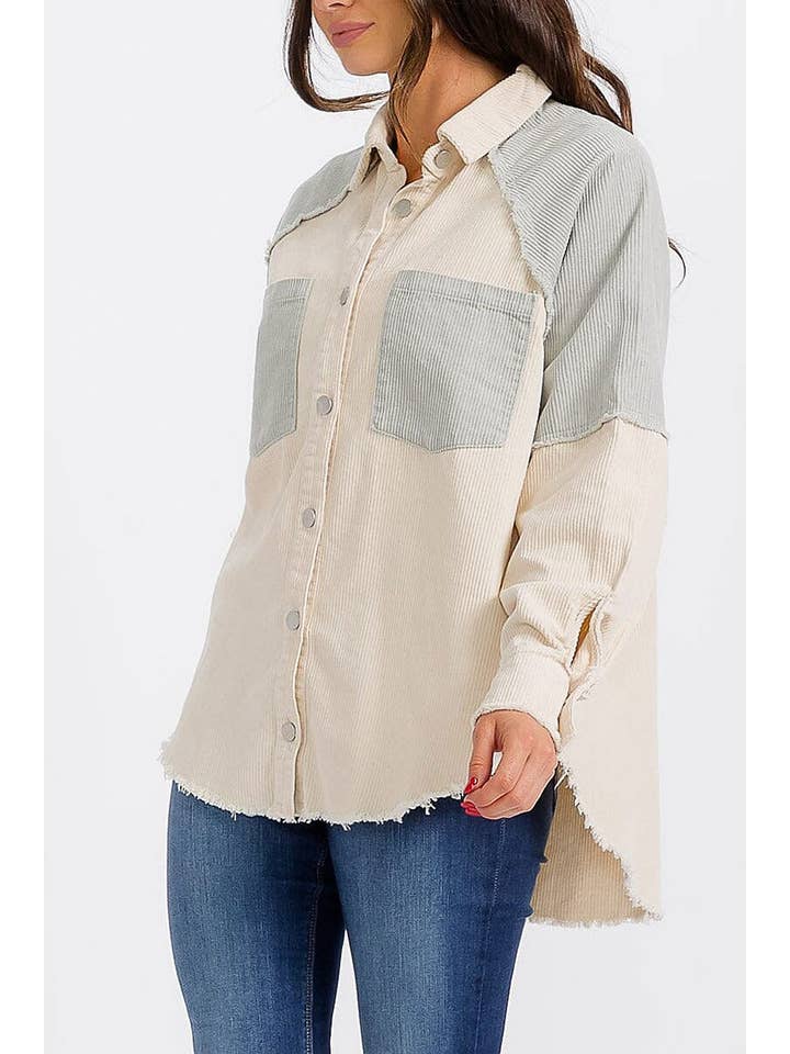 ROUSSEAU - Wholesale Shirt Jacket/Shacket - Women's - FRONT POCKET HIGH-LOW GRAPHIC CORDUROY JACKET
