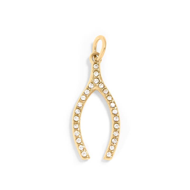 18K Gold PVD Stainless Steel Rhinestone Wishbone Charm for wholesale by Sunflower Soul Boutique