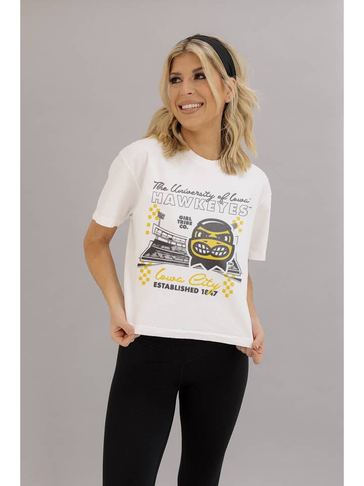 Girl Tribe Co - Wholesale Screen Printed T-Shirt - Women's - University Of Iowa: Hawkeyes Checkered Concert Crop Tee1