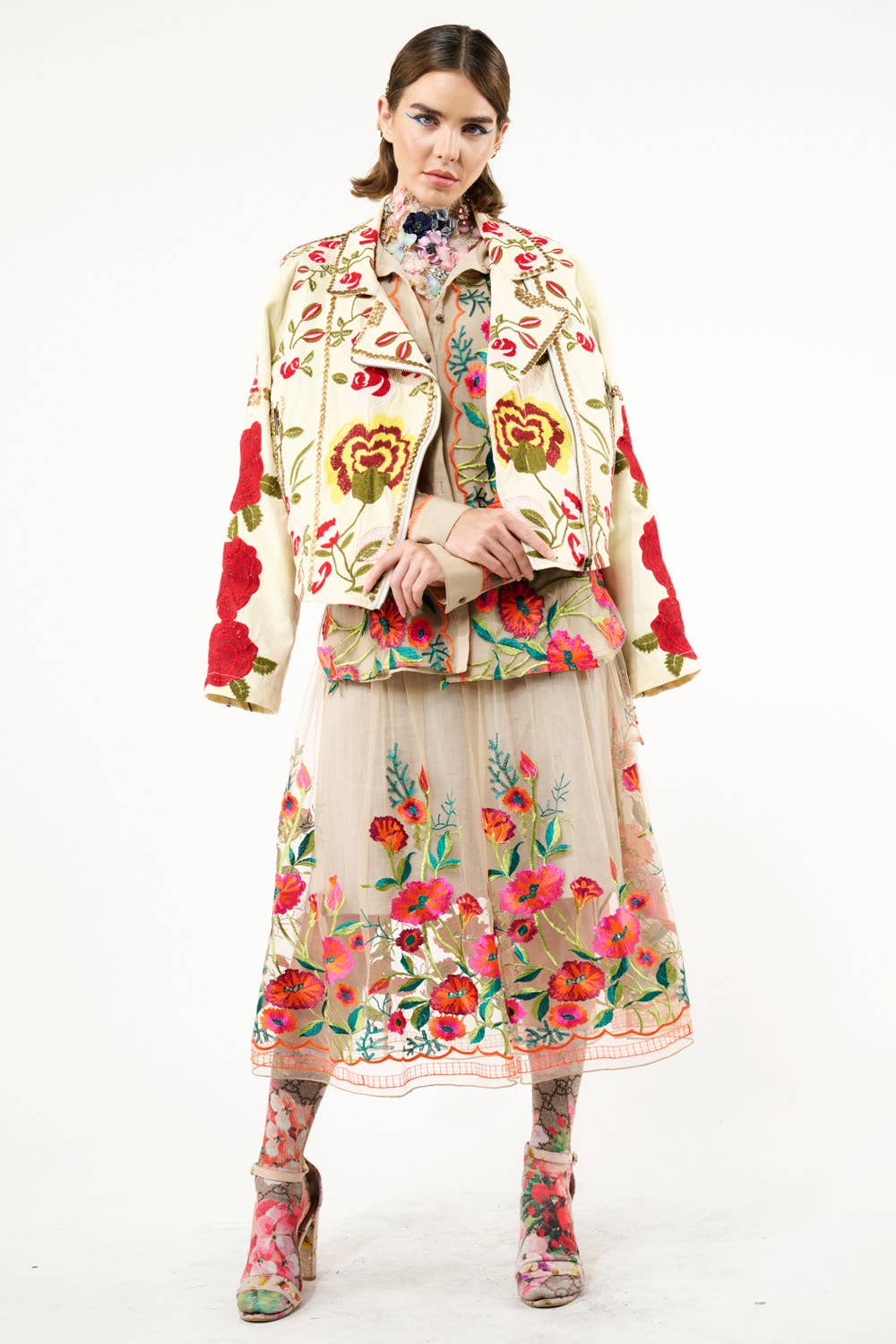 Blu Denim Camicia vintage con ricamo floreale di tulipani in vendita all'ingrosso su Faire39