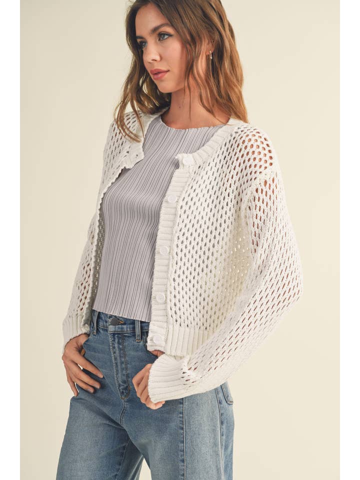 MIOU MUSE - Wholesale Cardigan - Women's - J2844 CROCHET KNITTED BUTTONDOWN CARDIGAN