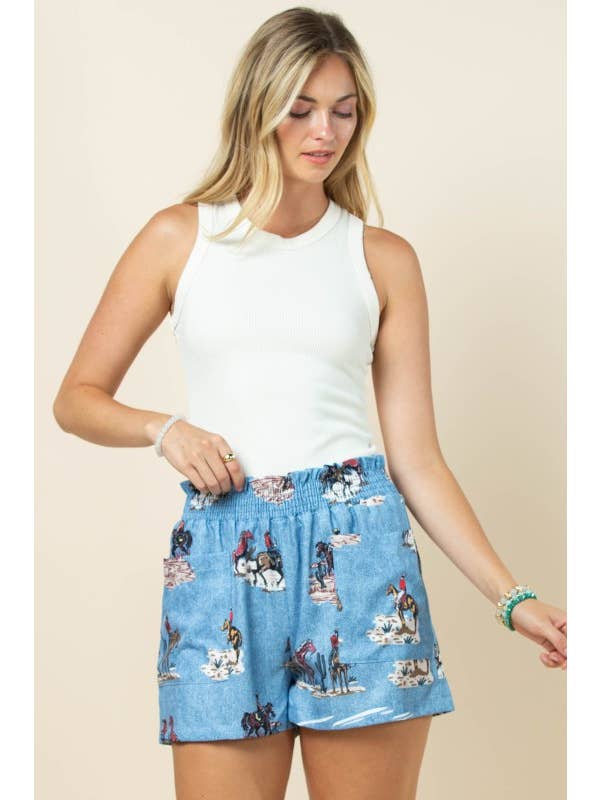 AP1312-MARA WESTERN DENIM PRINT SMOCK WAIST WOVEN SHORTS for wholesale on Faire1