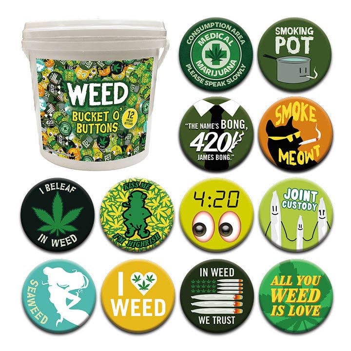 Great Stuff Novelties (GSN) by NMR Brands - Wholesale Lapel Pin/Button - 144 Unit Bucket o' Buttons - Weed1