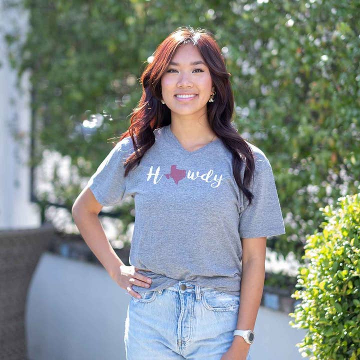 Howdy V-Neck T-Shirt Gray/White/Maroon -Asst. for wholesale by The Royal Standard