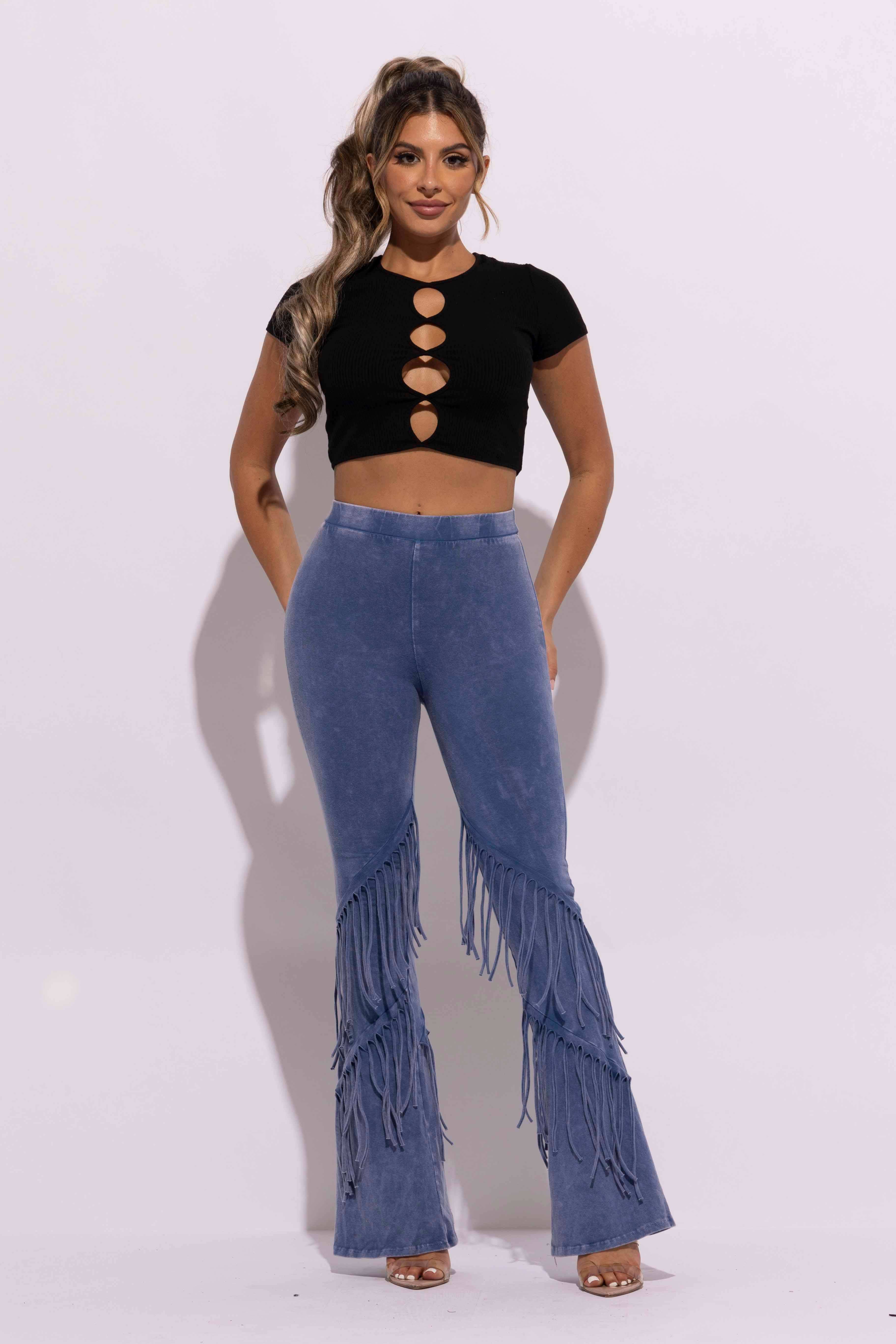 K Too - Wholesale Broek - Dames - Met mineralen gewassen flare-broek met franjes4