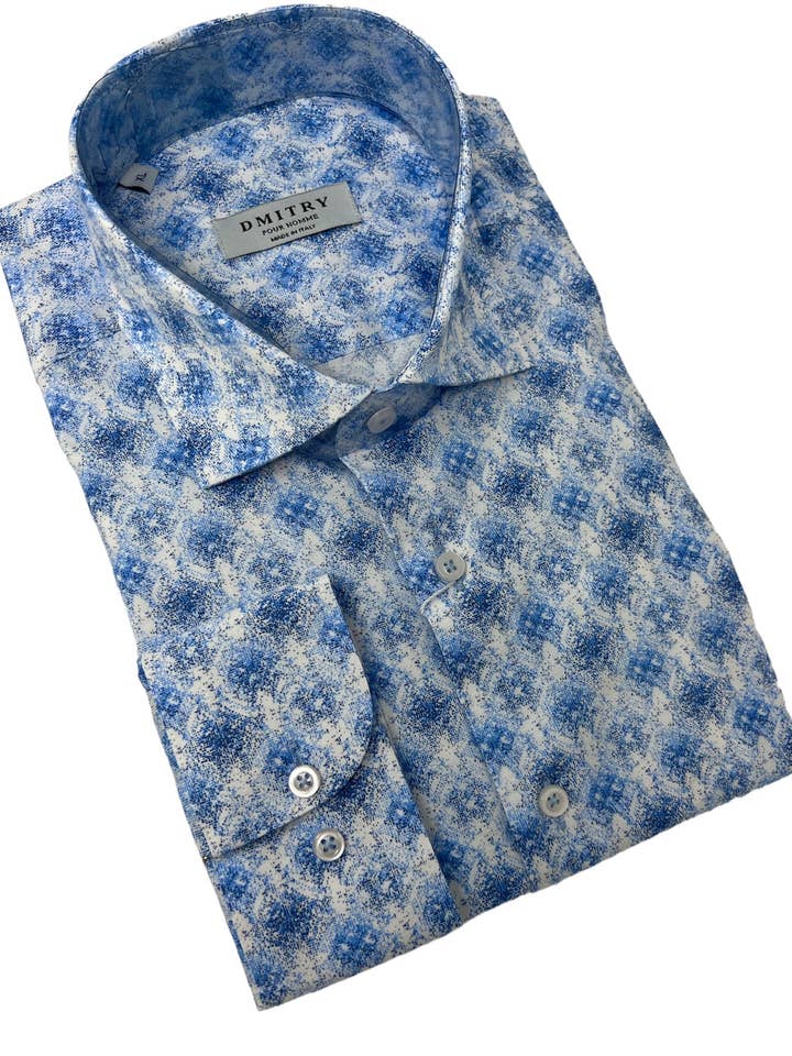 DMITRY Blue Patterned Italian Cotton Men's Long Sleeve Shirt (Online Exclusive) for wholesale by DMITRY Ties