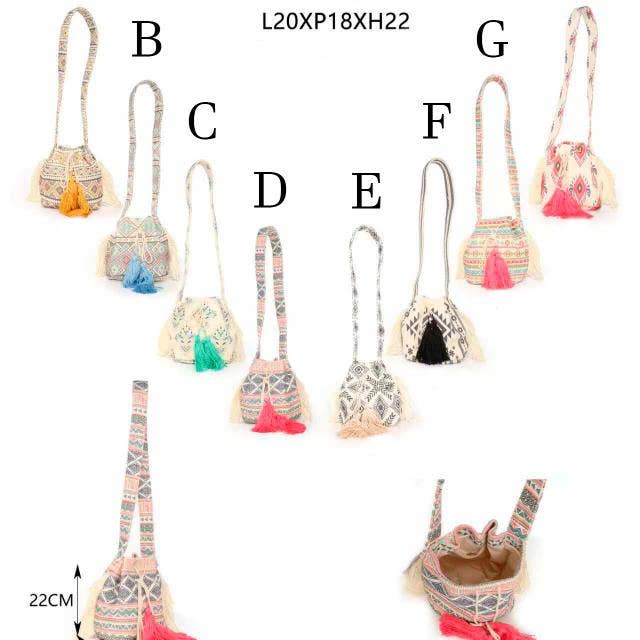 Bohemian Style Cotton Shoulder Bag with Drawstrings. Promo for wholesale by Chenson & Gorett