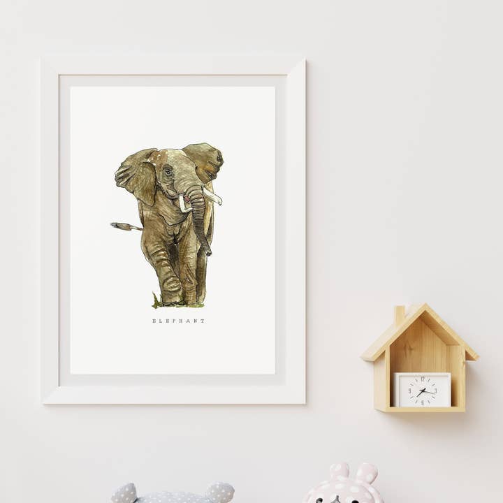 Elephant hand-made watercolour painting print A4 for wholesale by feather.ink