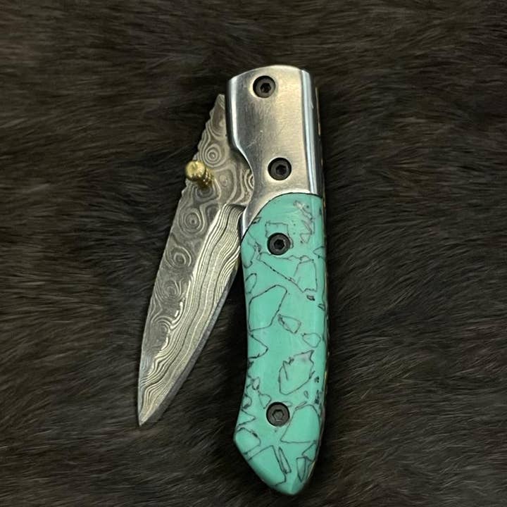 Titan International - Wholesale Pocket Knife/Holder - AzureGlide Damascus Steel Turquoise (Resin) Pocket Knife