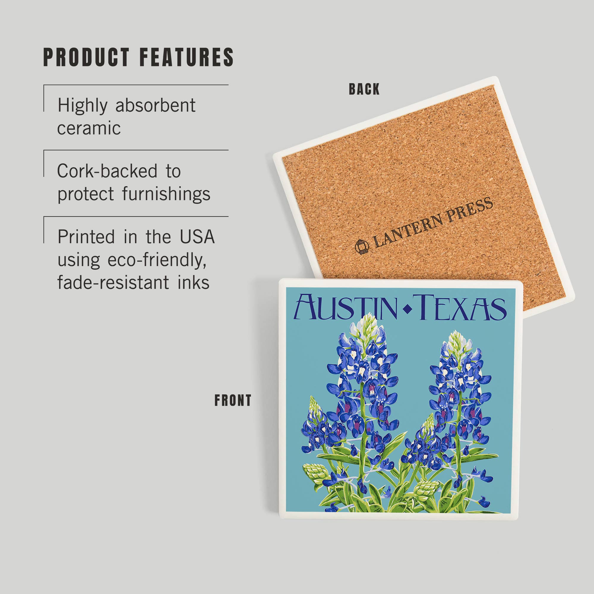 Lantern Press - Wholesale Coasters - CERAMIC COASTER Austin, Texas, Bluebonnet, Letterpress2