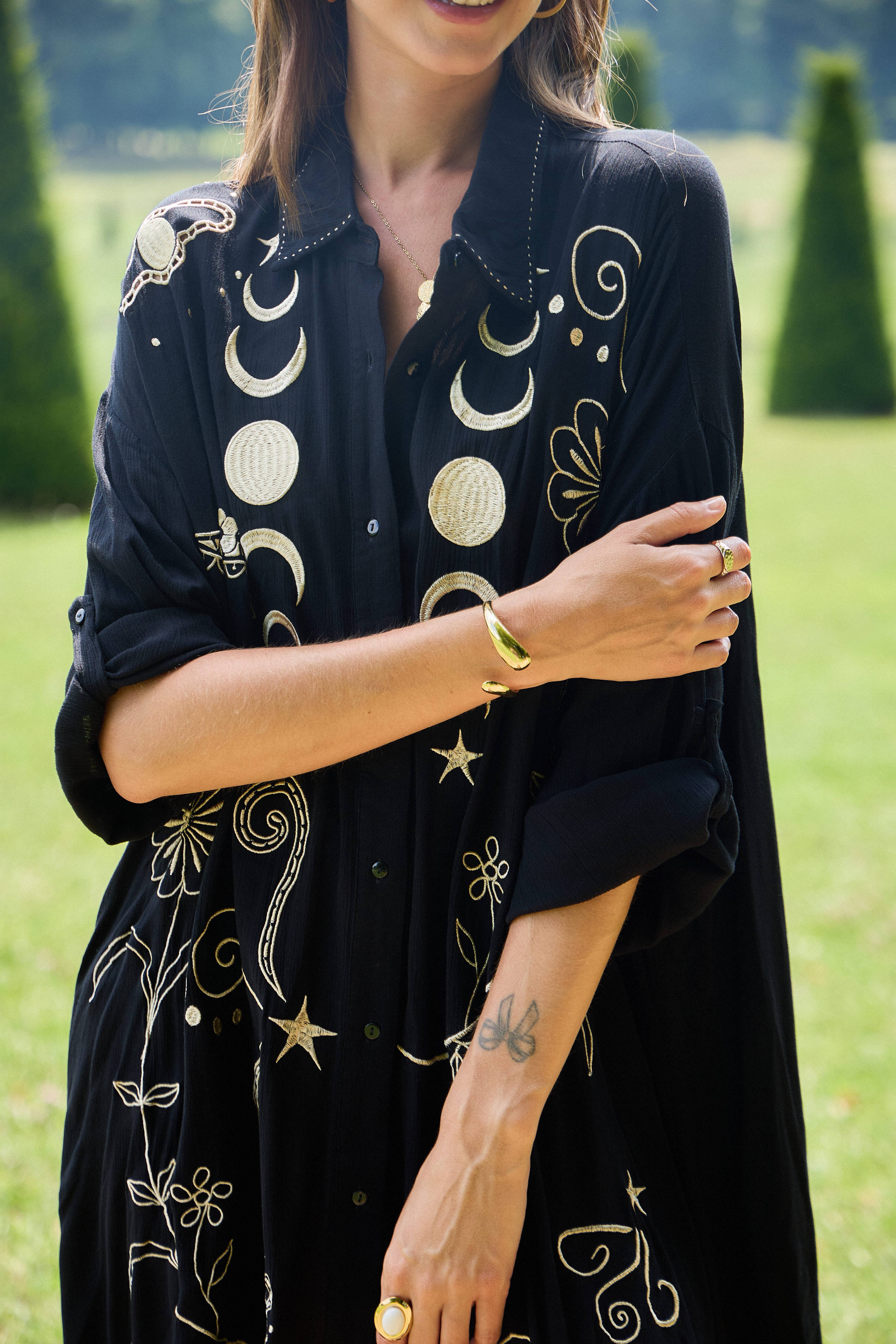 Black Embroidered shirt dress, V-neck, flared cut for wholesale on Faire1