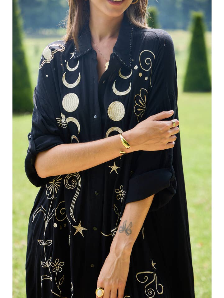 Black Embroidered shirt dress, V-neck, flared cut for wholesale on Faire1