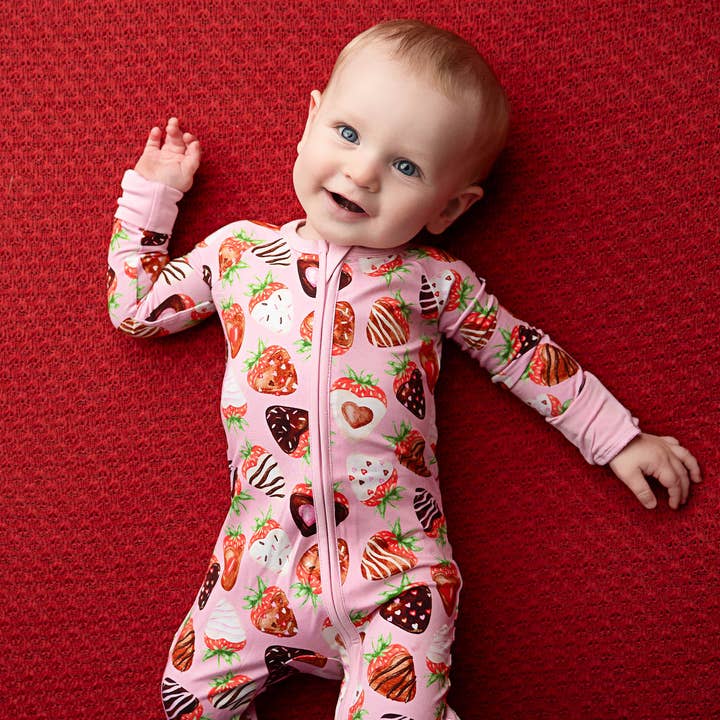 Sweet Strawberries | Convertible Bamboo Zipper Baby Pajamas for wholesale by Little Popp Crew