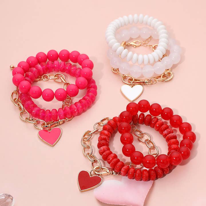 Heart Charm Stretch Multi Layered Bracelet - Assorted for wholesale by Loogai