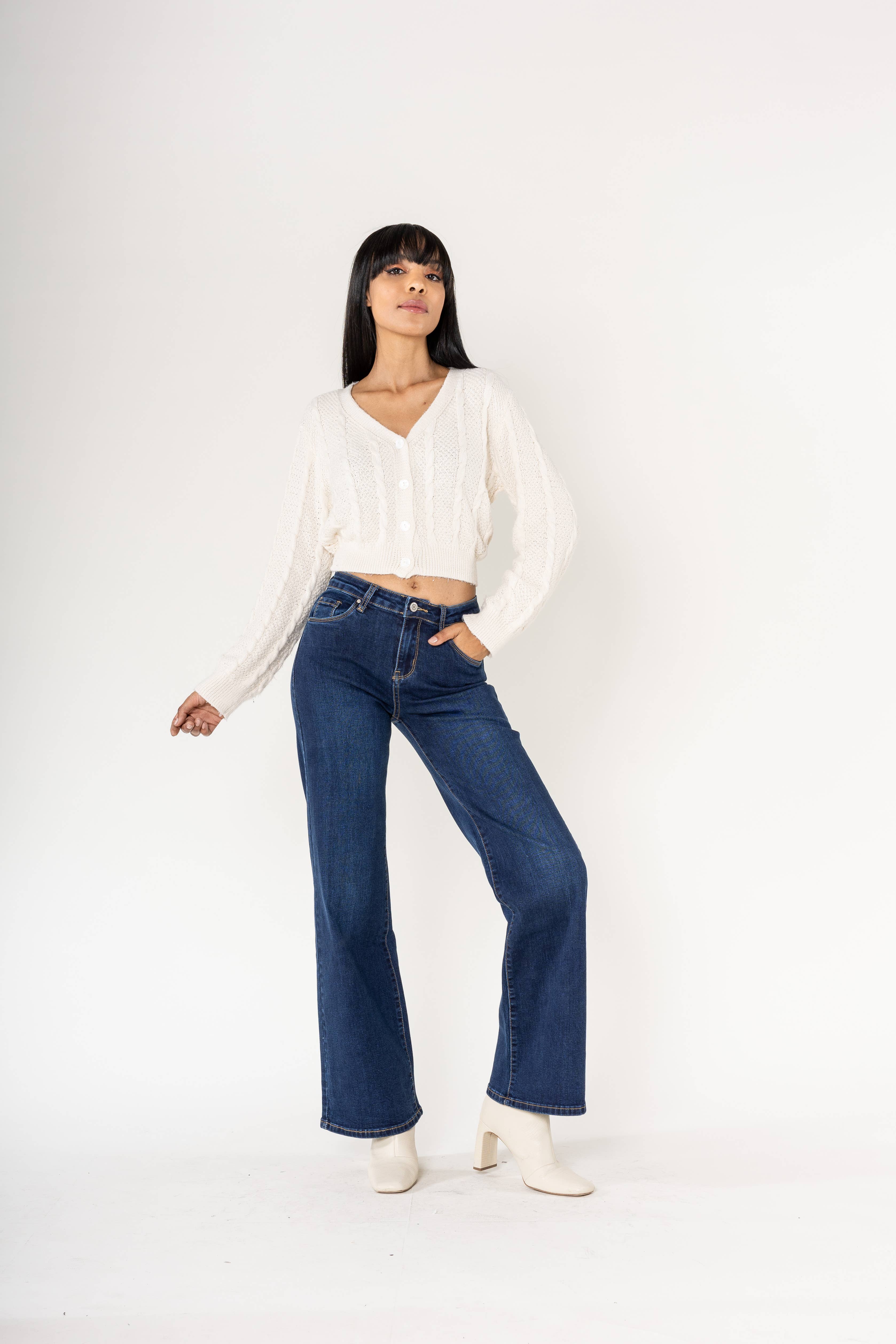 Nina Carter - Vendita all'ingrosso Jeans - Donna - Jeans a vita alta a zampa con tessuto elasticizzato P08041