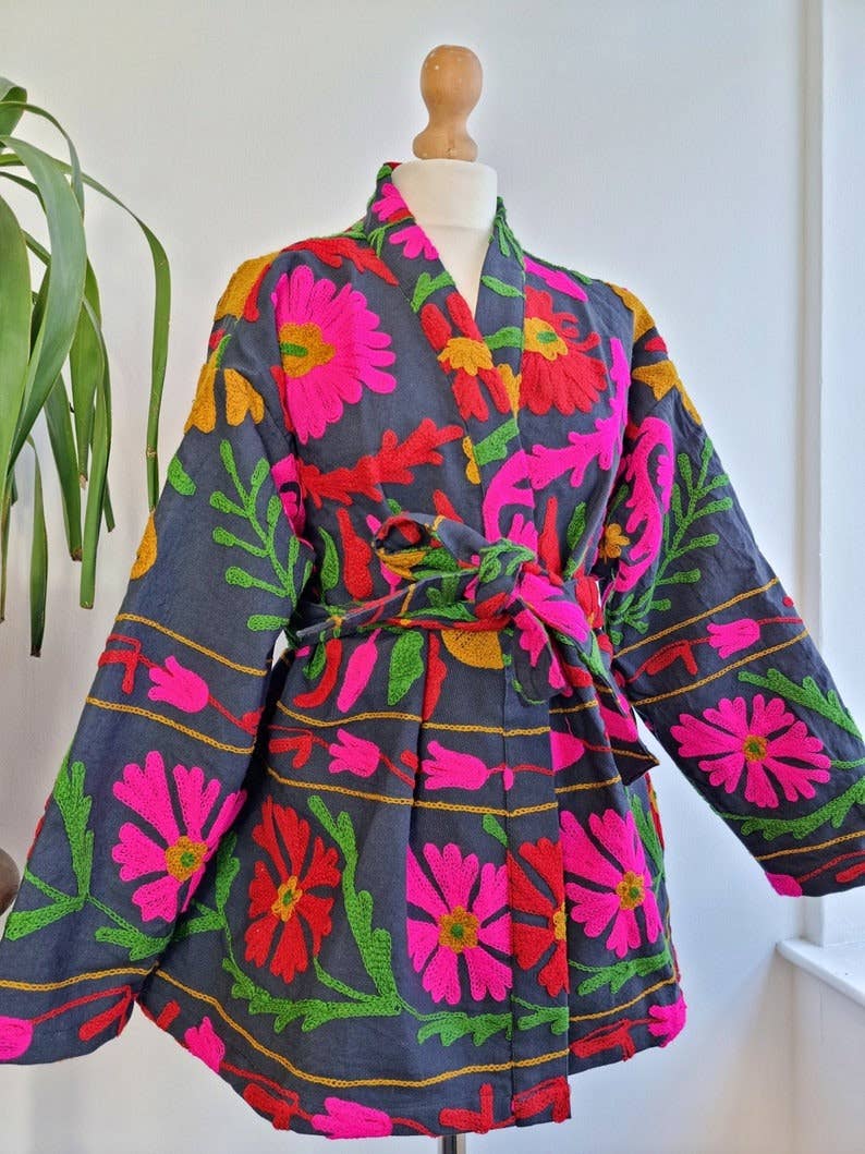 Essential Designs London – wholesale Jacket – Women's – Suzani Hand Embroidered Short Jacket | Autumn Winter Boho Uzbek Kashmir Crewel | Luxe Special Gift | Classic Elegant Black Pink Red Green |6