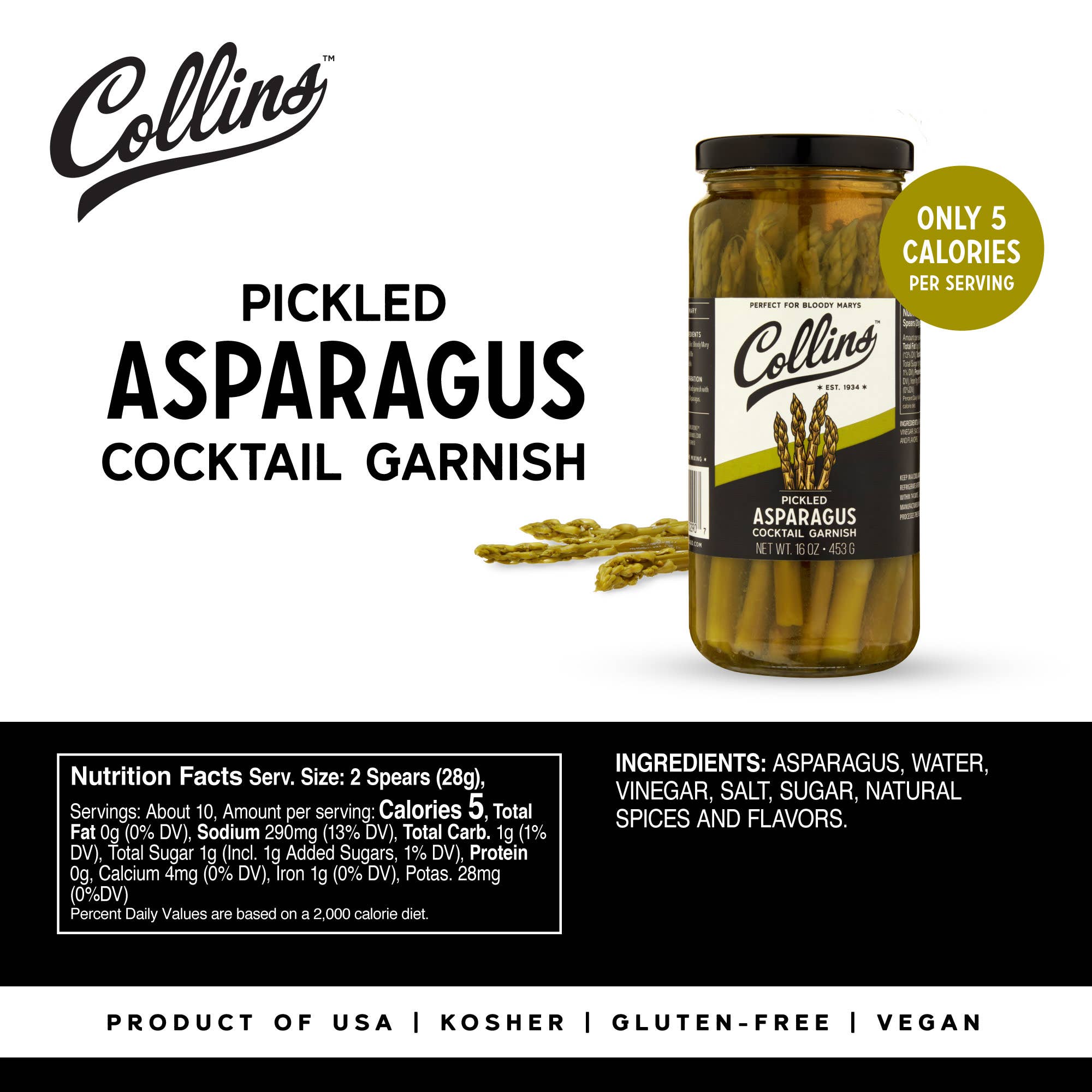 Collins - Wholesale Pickled Vegetables - Gourmet Pickled Asparagus Cocktail Garnish 16 oz3