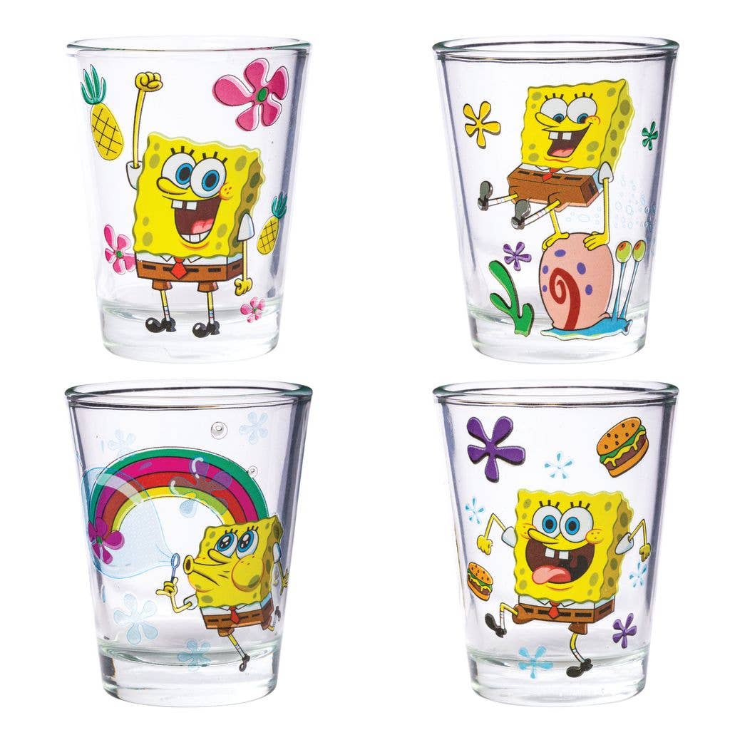 Silver Buffalo - Wholesale Drinking Glass/Cup - Spongebob Poses Floral 4pc. 1.5oz. Mini Glass Set1