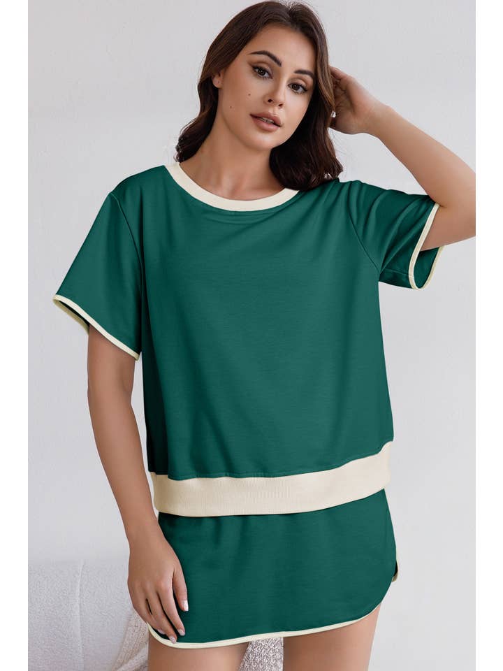LA Society - Wholesale Top & Skirt Set - Women's - Colorblock Edge Drop Shoulder T Shirt and Skirt Set