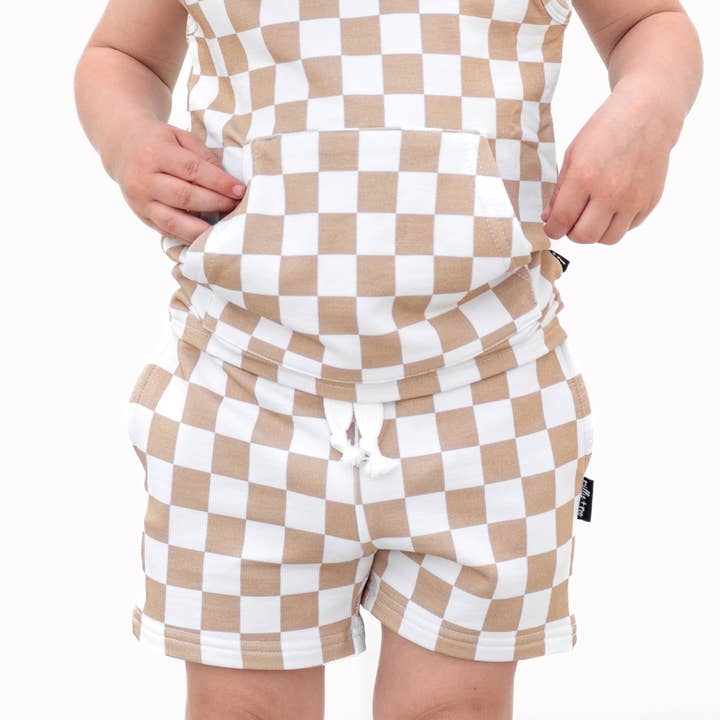 BAMBOO JOGGER SHORTS- Tan Check for wholesale by millie + roo LLC