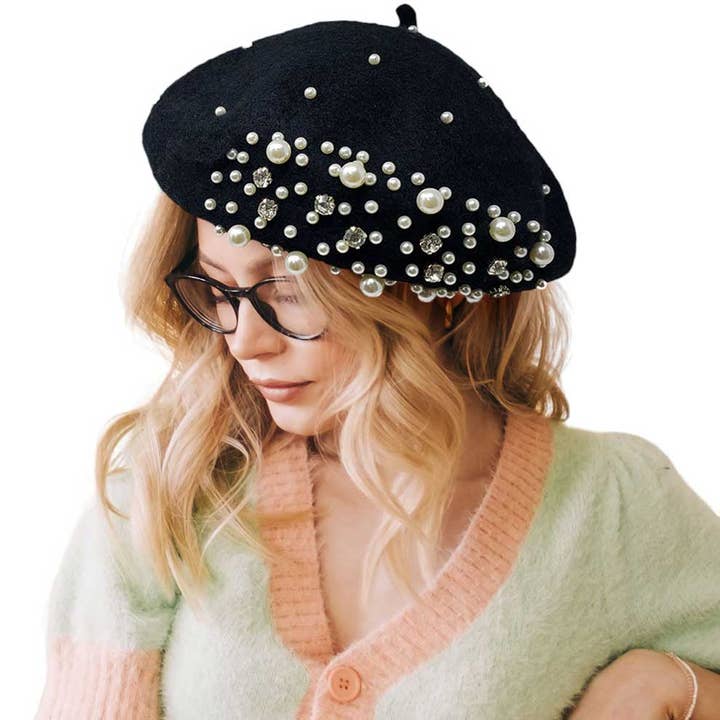 Pearl Stone Embellished Solid Beret Hat for wholesale by Madeline Love