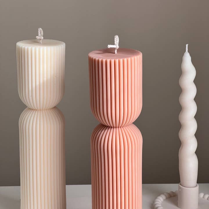 Estelle Studio - Wholesale Pillar Candle - Ribbed Hourglass Pillar Candle: Sculptural Striped Soy Candle1