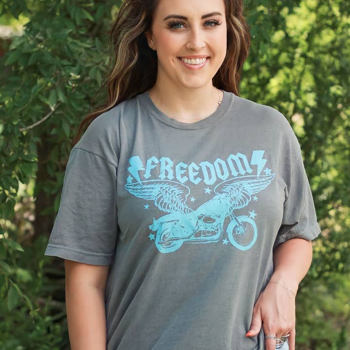 Vintage Grey Freedom Graphic Tee for wholesale by Windmill Gypsy Wholesale