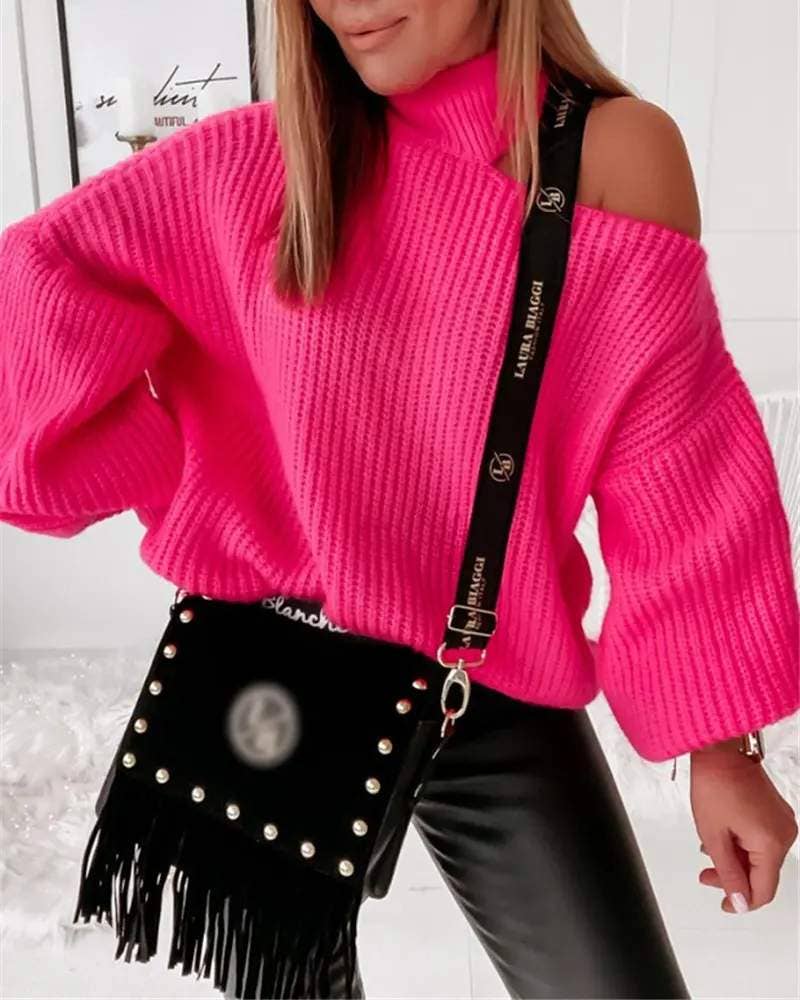 Queen Fashion - Wholesale Pullover-trui - Dames - Grof gebreide trui met lantaarnmouwen en koude schouders5