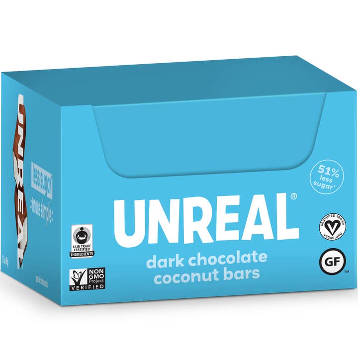 UNREAL - Wholesale Chocolate Bar - Dark Chocolate Coconut Bar Caddy - 40 Bars