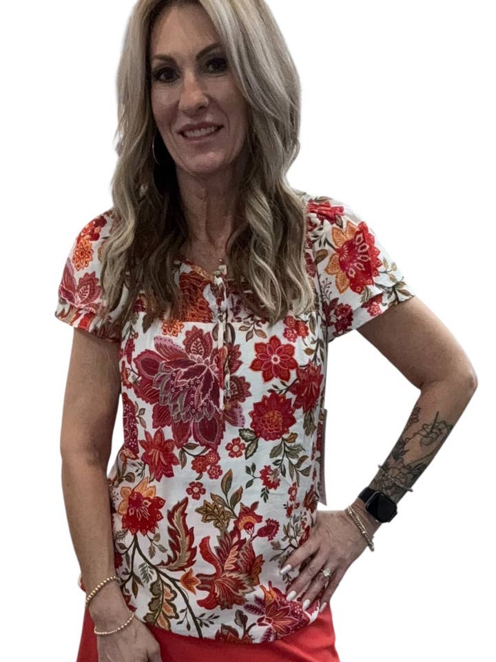 G205028A17-I - Ivory Magenta Olive - Short Sleeve Tie V-Neck Tee A3740 for wholesale by K & C Clothing, Inc.