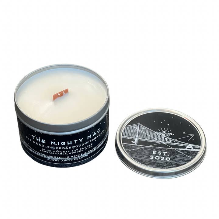 The Mighty Mac Wooden Wick 11 oz Tin Candle for wholesale by June Apothicarie