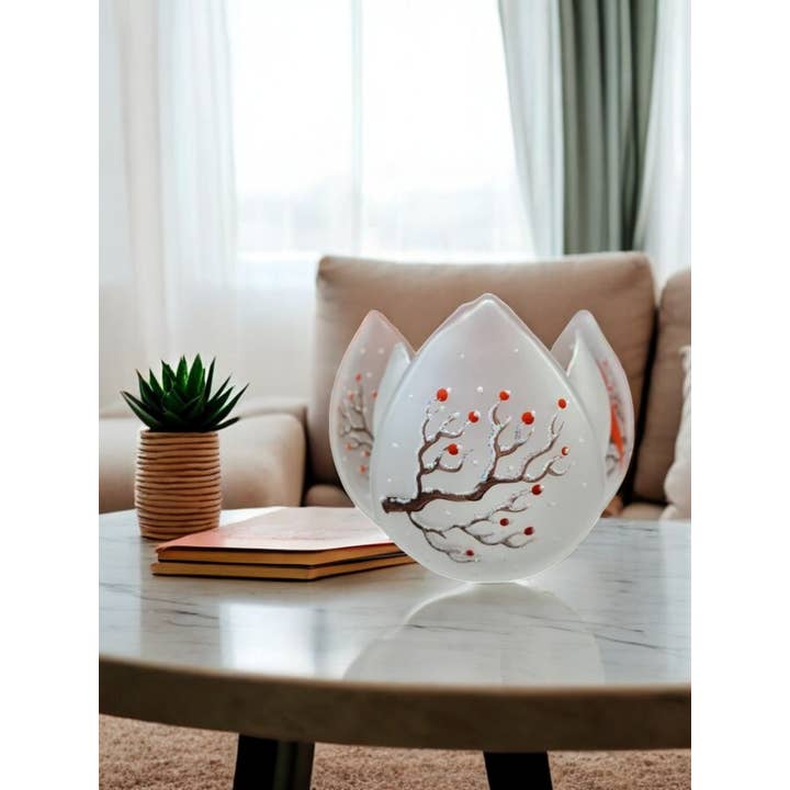 Glass by Iness - Wholesale Candle Holder - Frosted Glass Lotus Blossom Candle Holder - Red Cardinals2