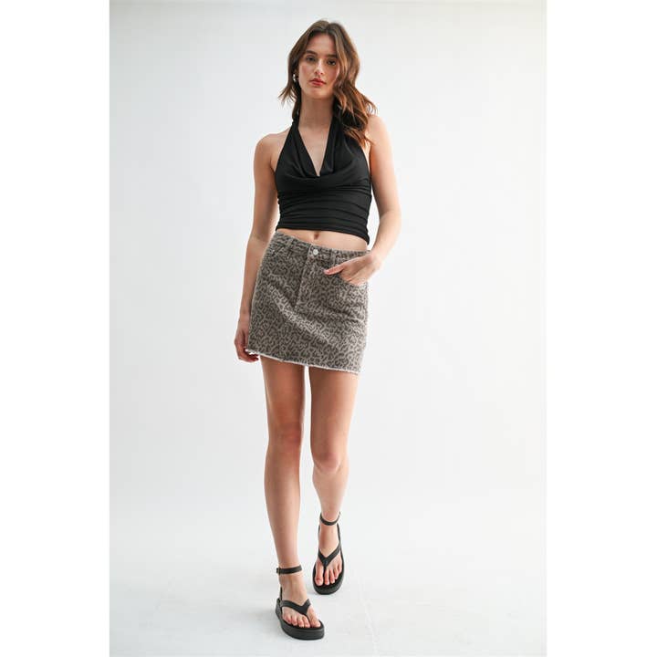 HIGH RISE RAW HEM MINI SKIRT LEOPARD for wholesale by Mica Denim