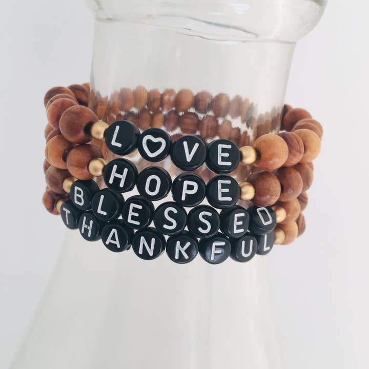 Inspirational Word Olive Wood Stretch Bracelet for wholesale by HL Stacks