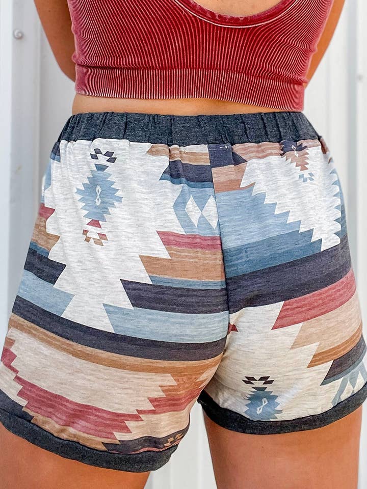White Aztec Print Drawstring Waist Casual Shorts for wholesale on Faire