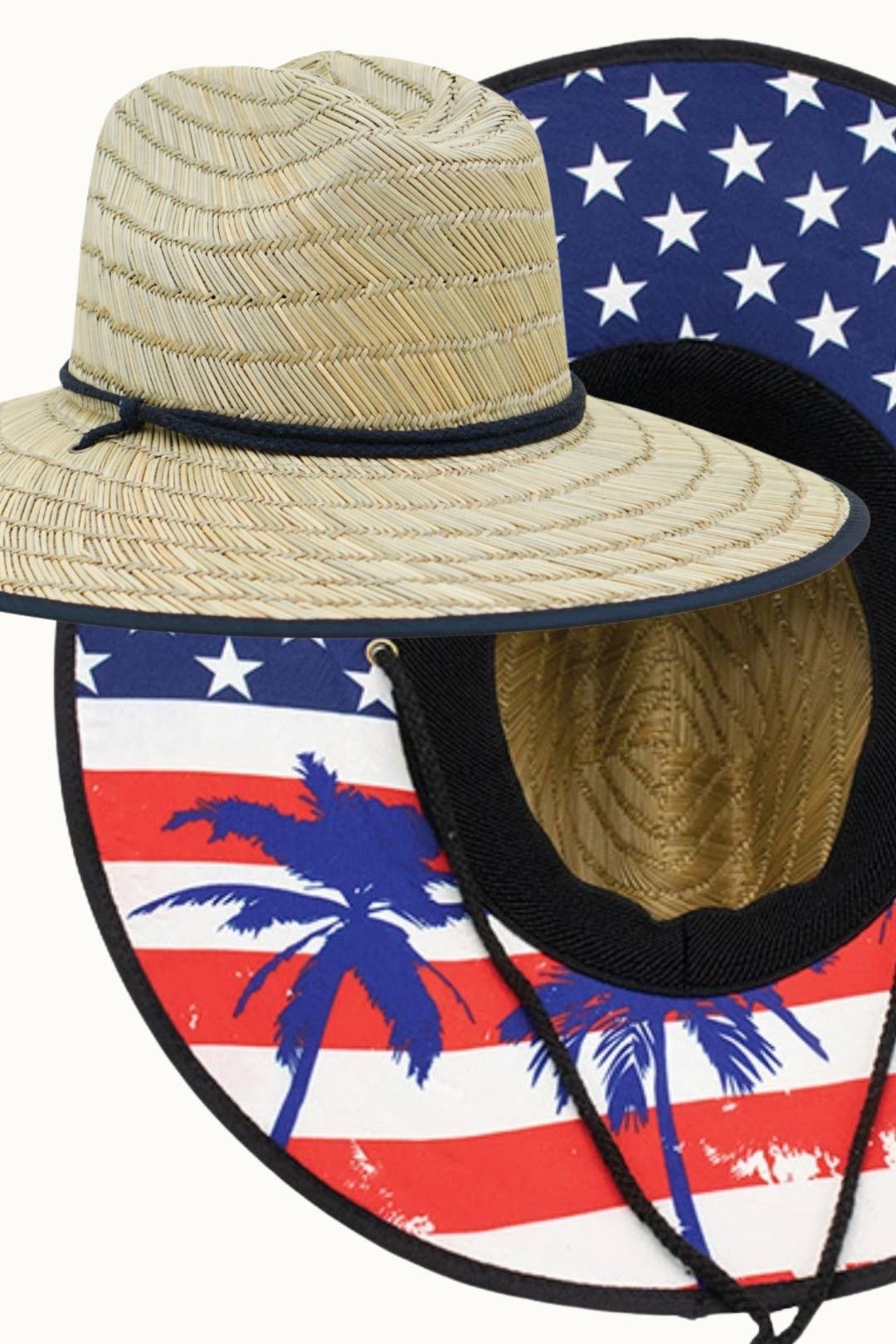 Olive & Pique - Wholesale Straw Hat - Unisex - Straw Lifeguard Hat with USA Flag & Chin Cord0