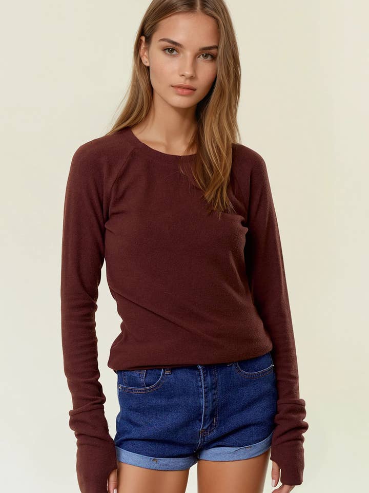 Knit Round Neck Thumb-Hole Long Sleeve Tee - 44612T for wholesale by Doe and Rae