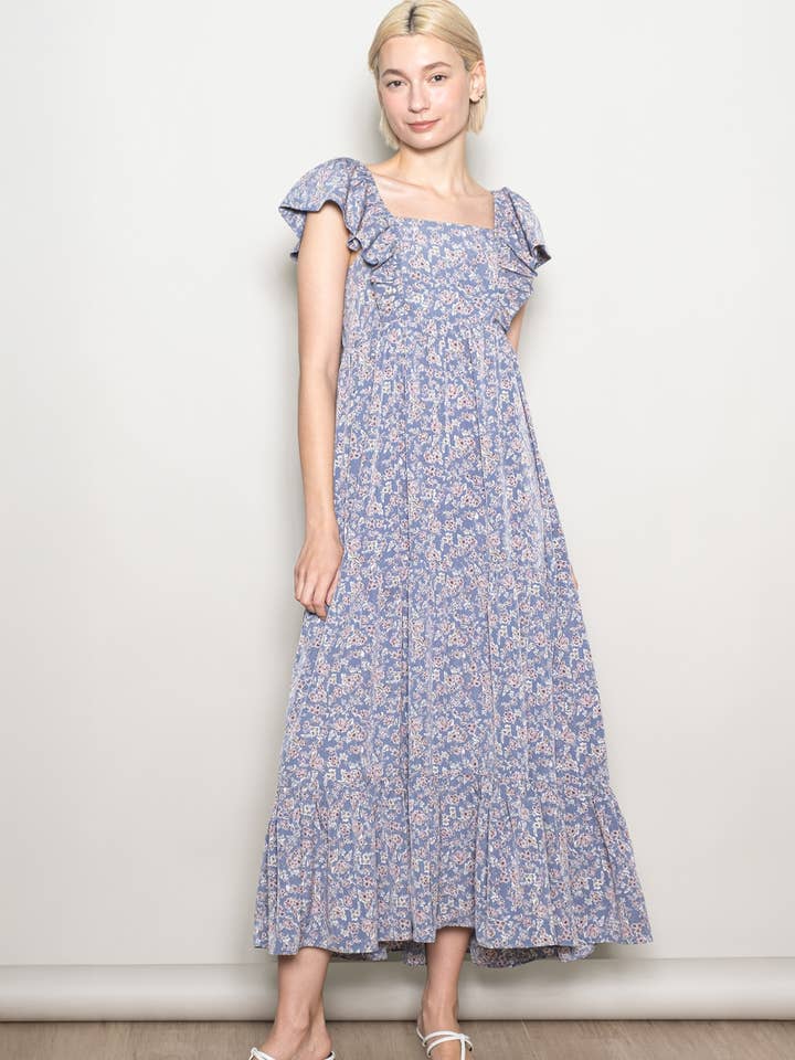 Elloh Collection - Wholesale Dress - Women's - On Off Shoulder Ruffle Sleeve Wide Flare Tiered Maxi Dress3