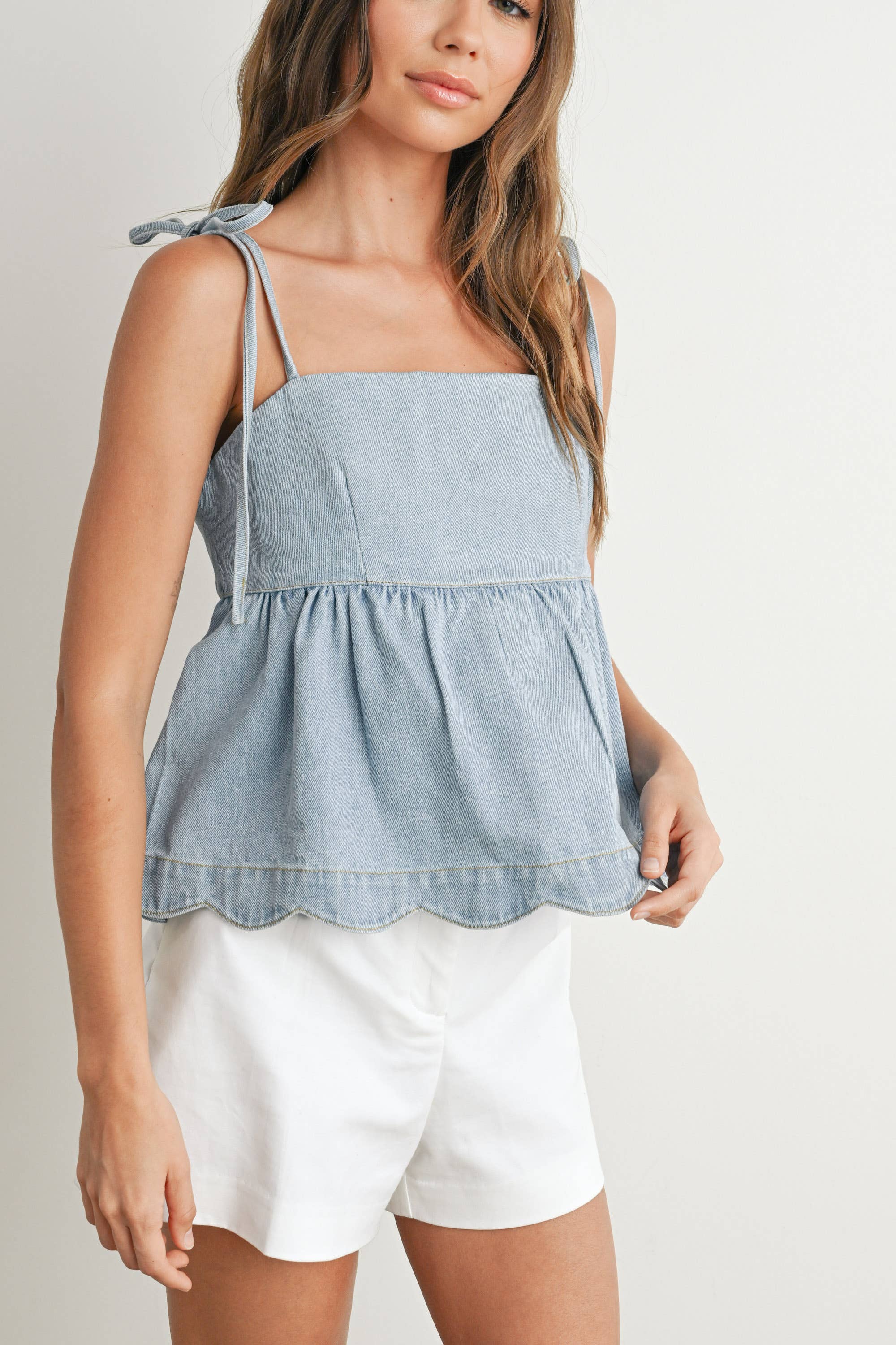 BUTTERMELON - Wholesale Blouse - Women's - Denim Tie-Strap Peplum Top - BMT7722 6