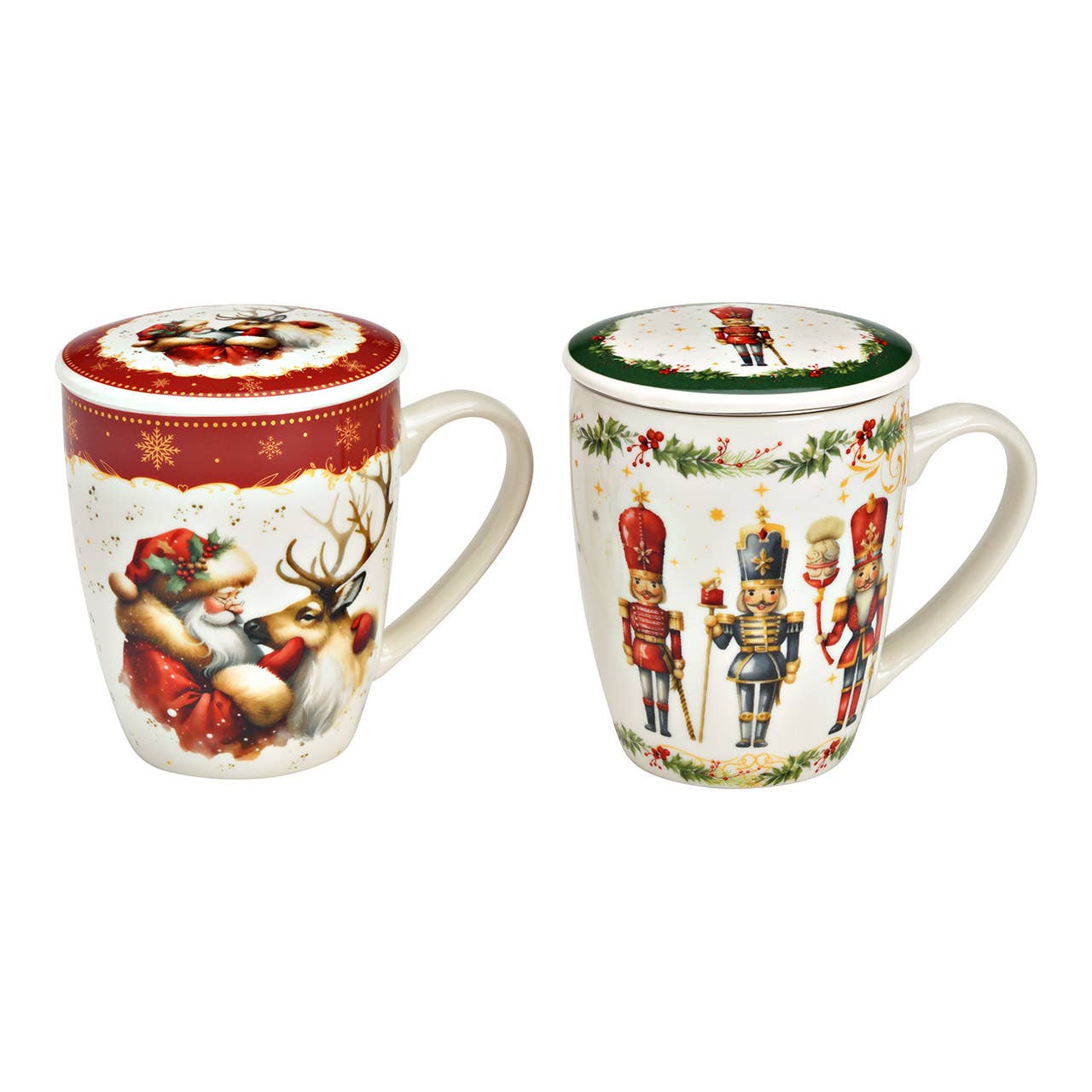 Wurm - Wholesale Christmas Decoration - Tea Mug Nutcracker/Deer Design with Lid/Metal Strainer made of Porcelain, 2-piece, Red/Green (H/W/D) 13x11x9cm 350ml0