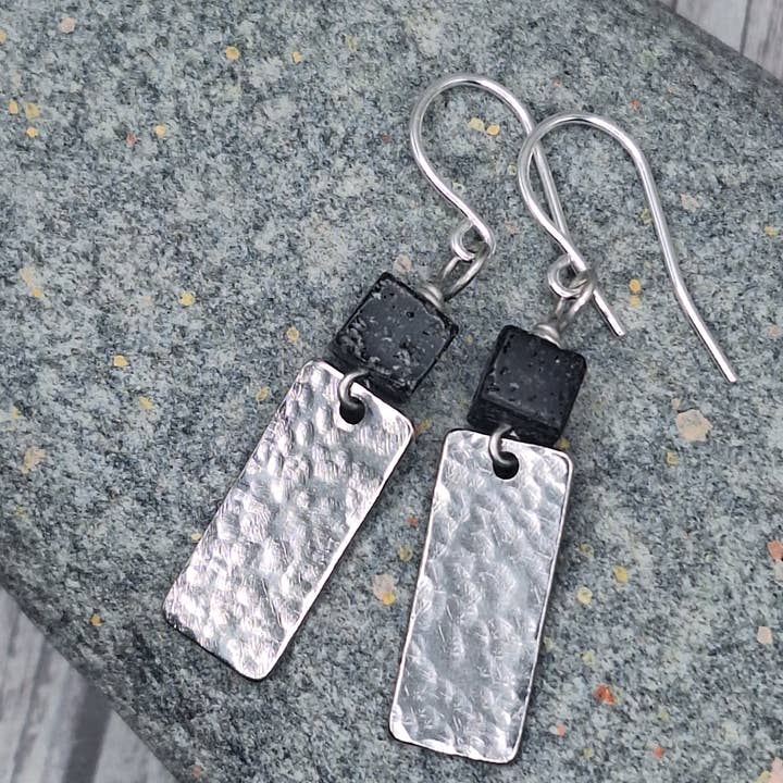 Hammered Silver & Lava Stone Modern Drop Earrings for wholesale by Harper House Studio