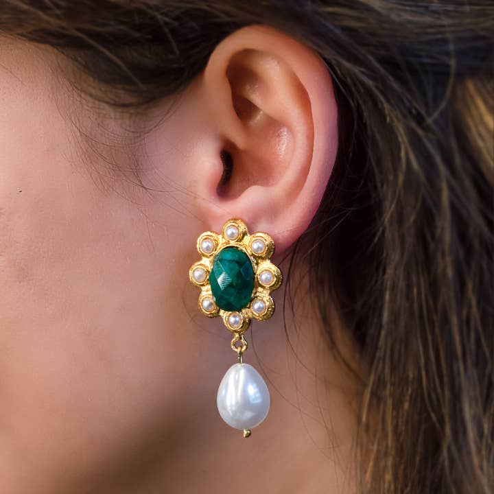 BlaineDor - Wholesale Dangle Earrings - Natural Emerald and Pearl Gold Royal İndian Earrings