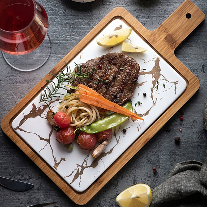SOGA International Pty Ltd - Wholesale Serving Tray - SOGA 2X 33.5cm White Square Wooden Serving Tray Slate Steak Serving Platter Chopping Board Paddle Home Decor2