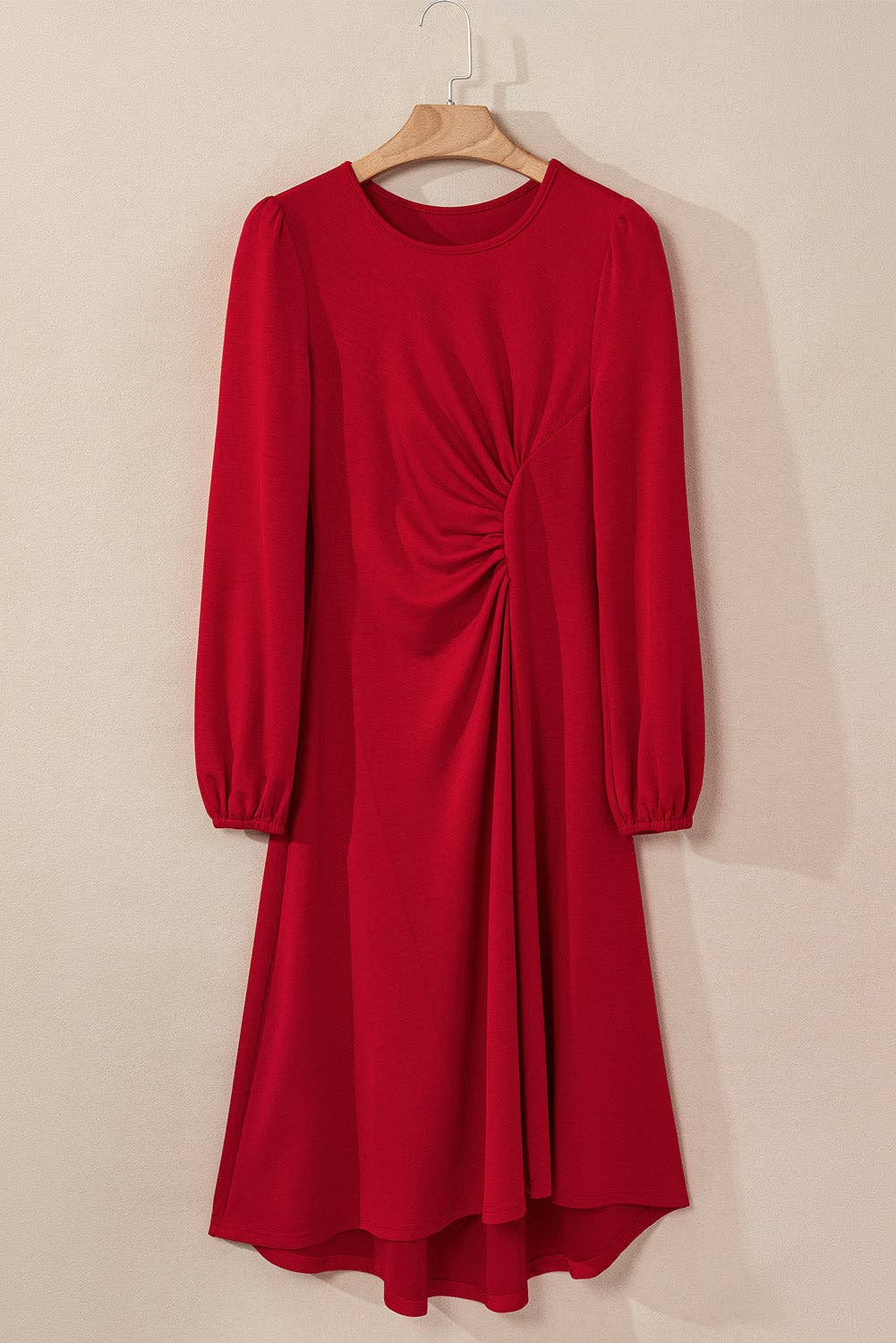 Fiery Red Solid Ruched Long Sleeve Midi Dress for wholesale on Faire5