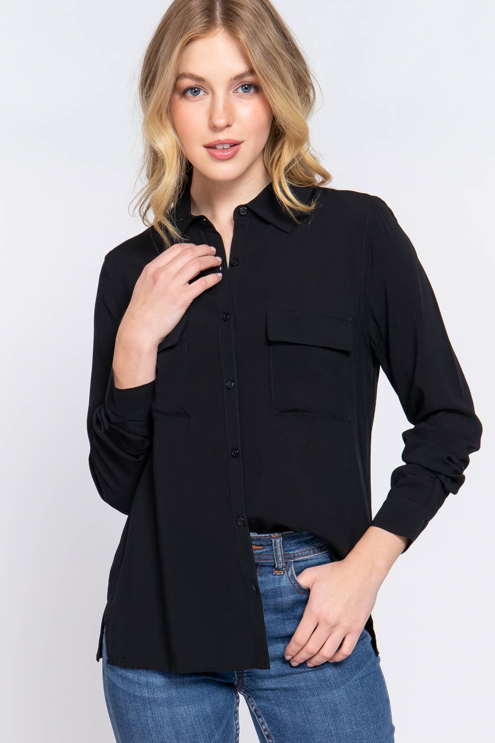 Active Basic | Active USA – wholesale Buttoned-down shirt – Women's – Long Sleeve Front Pocket Woven Shirt 0