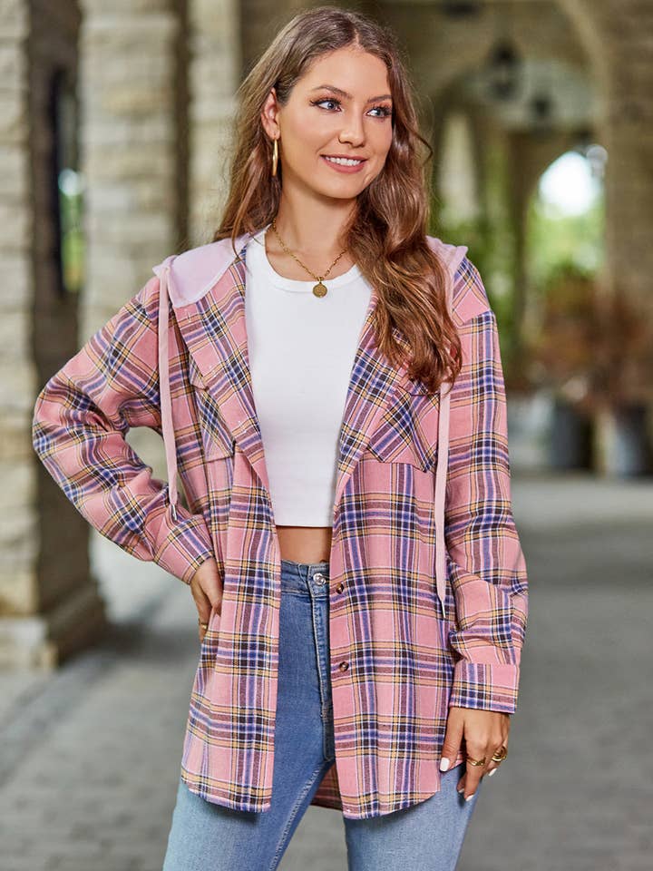 Plaid Long Sleeve Hooded Jacket for wholesale by Beyond Apparel